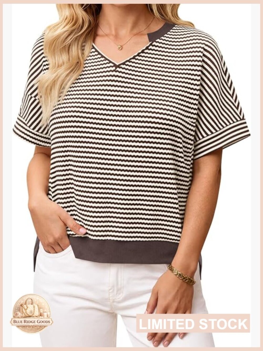 V-Neck Striped Cropped Top Loose Fit Casual Summer Chic Pullover